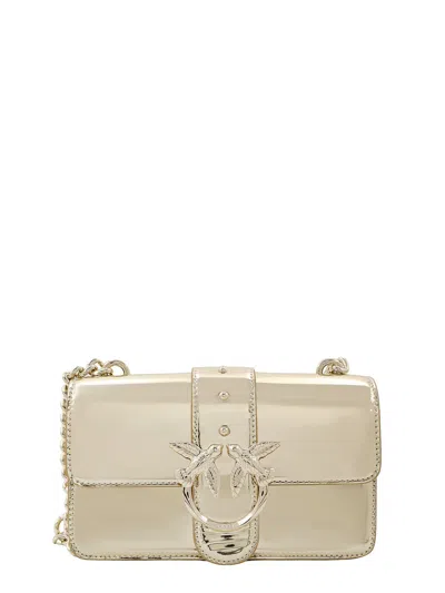 Pinko Mirrored Leather Shoulder Bag With Love Birds Buckle In Neutral