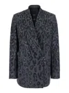 Pinko Double-breasted Jacket With Rhinestones And Jaguar Motif In Gray