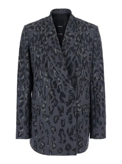 Pinko Mixed Stud-embellished Tech Fabric Blazer In Gray