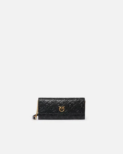 Pinko Monogram Leather Rectangular Wallet With Shoulder Strap In Nero-antique Gold