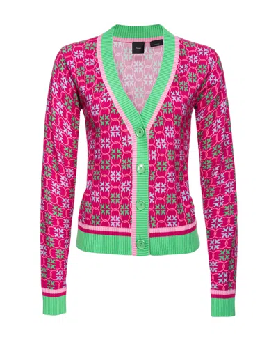 Pinko Monogram-pattern V-neck Cardigan In Multicolore Fuchsia/vert