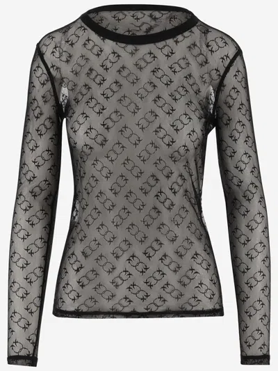 Pinko Monogram Transparent Lace Long Sleeve Sweater In Black