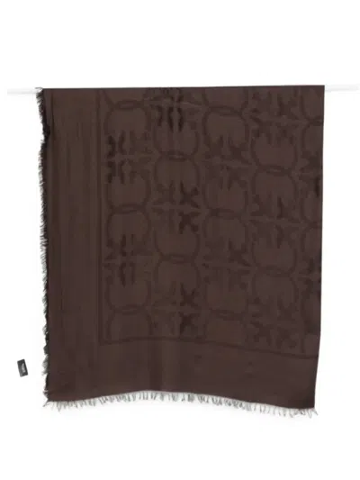 Pinko Monogram-pattern Frayed Scarf In Brown