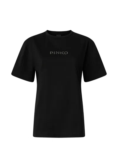 Pinko More Strass Less Stress Cotton T Shirt In Black