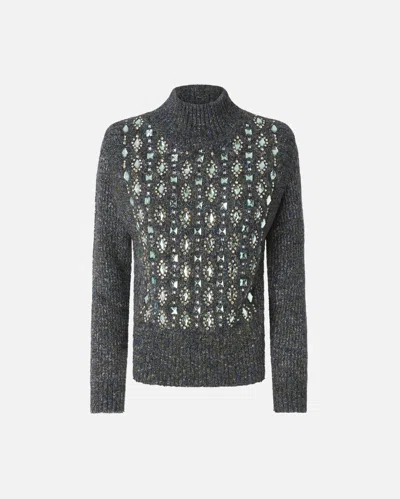 Pinko Mouliné Turtleneck Sweater With Appliqué Jewels In Gray