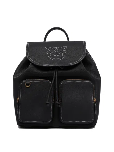 Pinko Multi-pocket Backpack In Tumbled Leather In Black