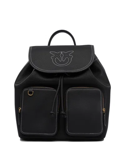 Pinko Multi-pocket Leather Backpack With Flap Closure In Black
