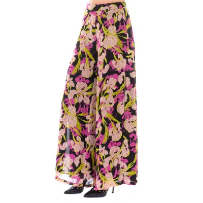 Pinko Floral Print Wide Leg Pants In Multicolour - Black/fuchsia