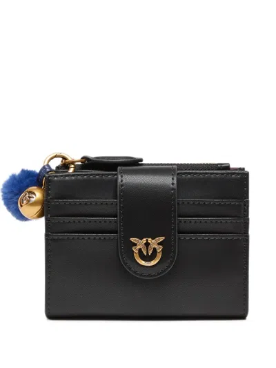 Pinko Multi-purpose Leather Wallet With Pompom In Black