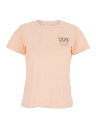 PINKO ‘NAMBRONE' PINK CREWNECK T-SHIRT WITH LOVE BIRDS DIAMOND CUT LOGO ON THE CHEST