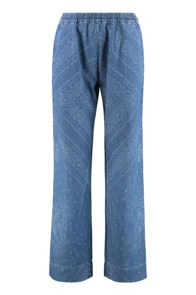 Pinko Printed Cotton Trousers With Side Pockets In Blue