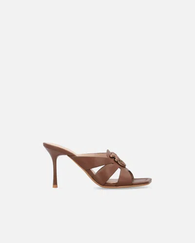 Pinko Nappa Leather Sandals With Heel And Bird Detail In Laminated Gold