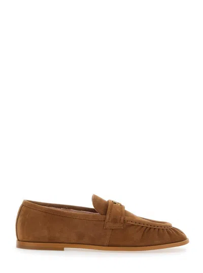 Pinko 'naty 02' Brown Loafers With Love Birds Diamond Cut Logo Plaque In Suede Woman