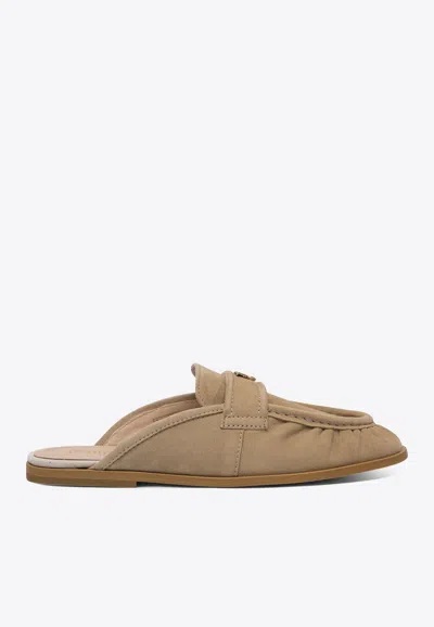 Pinko Naty Suede Flat Mules In Sand