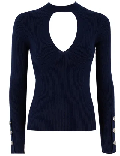 Pinko Navy Blue Ribbed Knit Wool Sweater With Cut-out Details