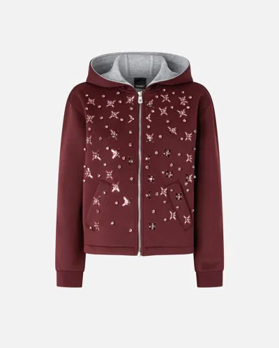 Pinko Neoprene-effect Sweatshirt Jacket With Jewel Embroidery In Burgundy
