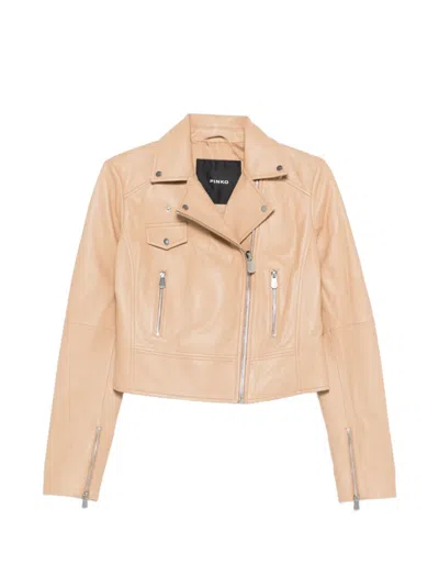 Pinko New Sensible Zip-up Leather Jacket In Neutral