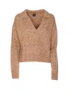 Pinko V-neck Lurex Knit Polo With Long Sleeves In Brown