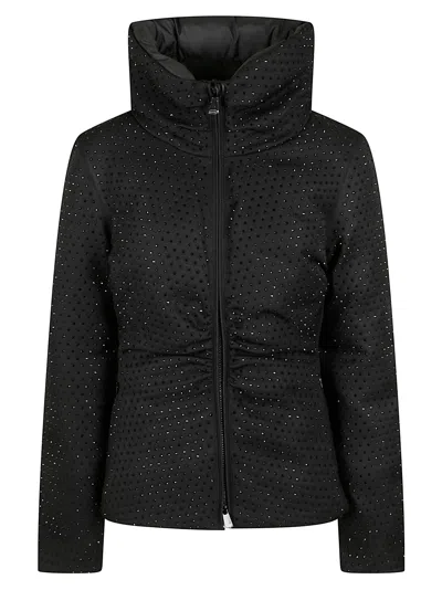 Pinko Cropped Black Rhinestone-embellished Down Jacket With High Collar