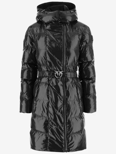 Pinko Nylon Down Jacket With Hood And Belt In Brown