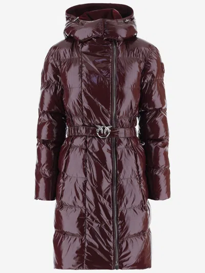 Pinko Nylon Down Jacket With Hood And Belt In Brown