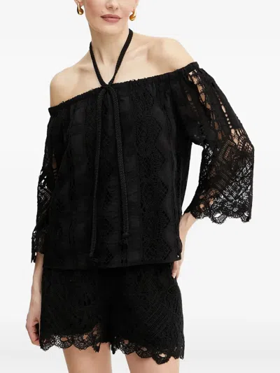 Pinko Off-shoulder Lace Top In Black