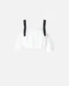 Pinko Cropped Beige Top With Puff Sleeves And Adjustable Straps In Blanc/noir