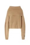 Pinko Off-the-shoulder Knitted Sweater With Ribbed Texture In Brown