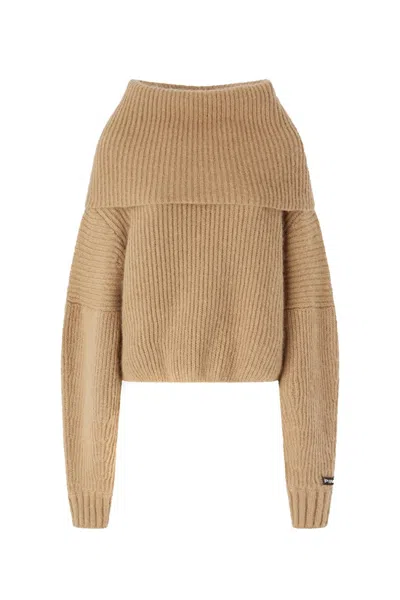 Pinko Off-the-shoulder Beige Knit Sweater With Oversized Fit In Brown