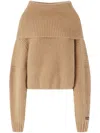 Pinko Off-the-shoulder Knitted Sweater With Ribbed Texture In Brown