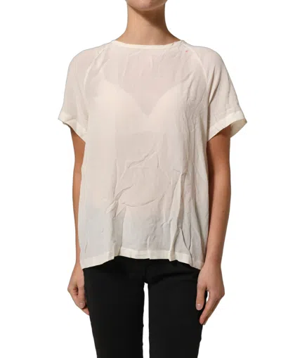 Pre-owned Pinko Off White Silk Sheer Round Neck Short Sleeves Blouse Women's Top ()