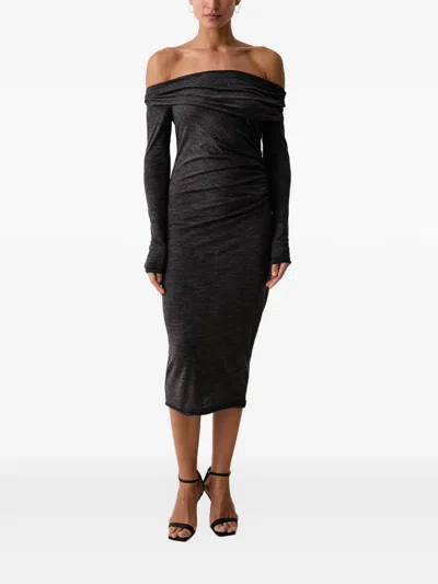 Pinko Off-shoulder Ruched Midi Dress In Black