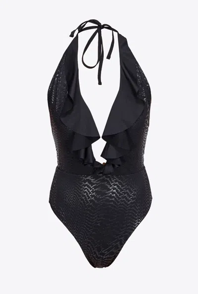 Pinko One-piece Swimsuit With Fluid Logo And Ruching In Noir Limousine