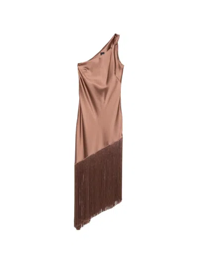 Pinko One-shoulder Fringed Dress In Brown