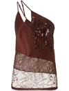 Pinko One-shoulder Satin Top With Lace And Sequins In Brown