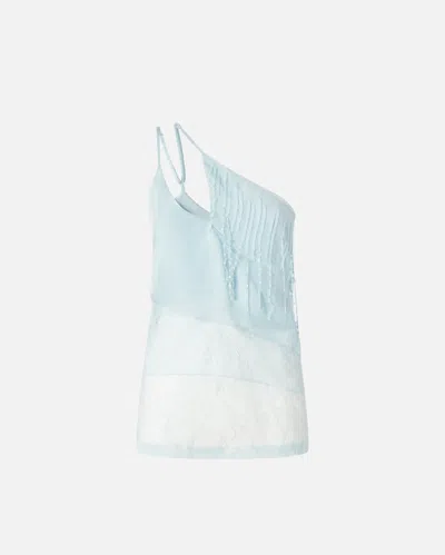 Pinko One-shoulder Satin Top With Lace And Sequins In Blu Cristallo