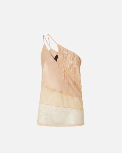 PINKO ONE-SHOULDER SATIN TOP WITH LACE AND SEQUINS