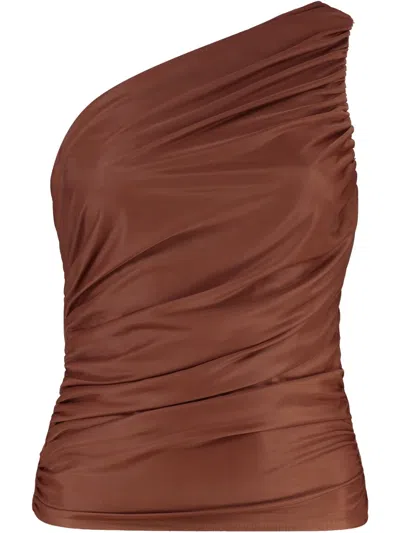 Pinko Draped One-shoulder Brown Top With Finish