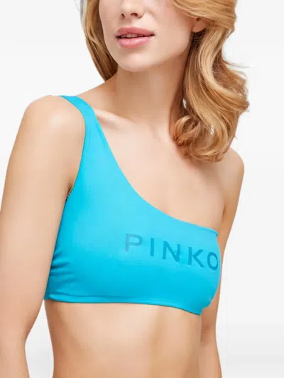 Pinko One-shoulder Logo-print Bikini Top In Blue