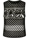 Pinko Black Top With Perforated Design And Diamond Motif And Floral Details In Black