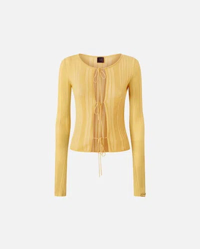 Pinko Open Ribbed Sweater With Front Ties In Rattan Yellow