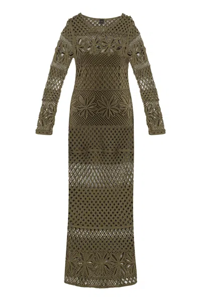 Pinko Openwork-knit Long Dress In Green