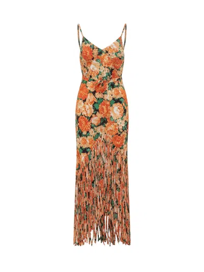 Pinko Orange Floral V Neck Maxi Dress In Multi