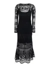 Pinko Ortles Black Crewneck Long Dress With Fishnet Design And All-over Floral Embroidery In Viscose Blend In Black