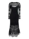Pinko Ortles Black Crewneck Long Dress With Fishnet Design And All-over Floral Embroidery In Viscose Blend