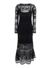 Pinko Ortles Black Crewneck Long Dress With Fishnet Design And All-over Floral Embroidery In Viscose Blend In Black