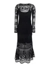 Pinko Ortles Black Crewneck Long Dress With Fishnet Design And All-over Floral Embroidery In Viscose Blend In Black