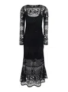 Pinko Ortles Black Crewneck Long Dress With Fishnet Design And All-over Floral Embroidery In Viscose Blend