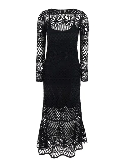 Pinko Ortles Black Crewneck Long Dress With Fishnet Design And All-over Floral Embroidery In Viscose Blend