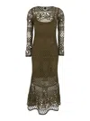 Pinko 'ortles' Green Crewneck Long Dress With Fishnet Design And All-over Floral Embroidery In Viscose Ble In Green